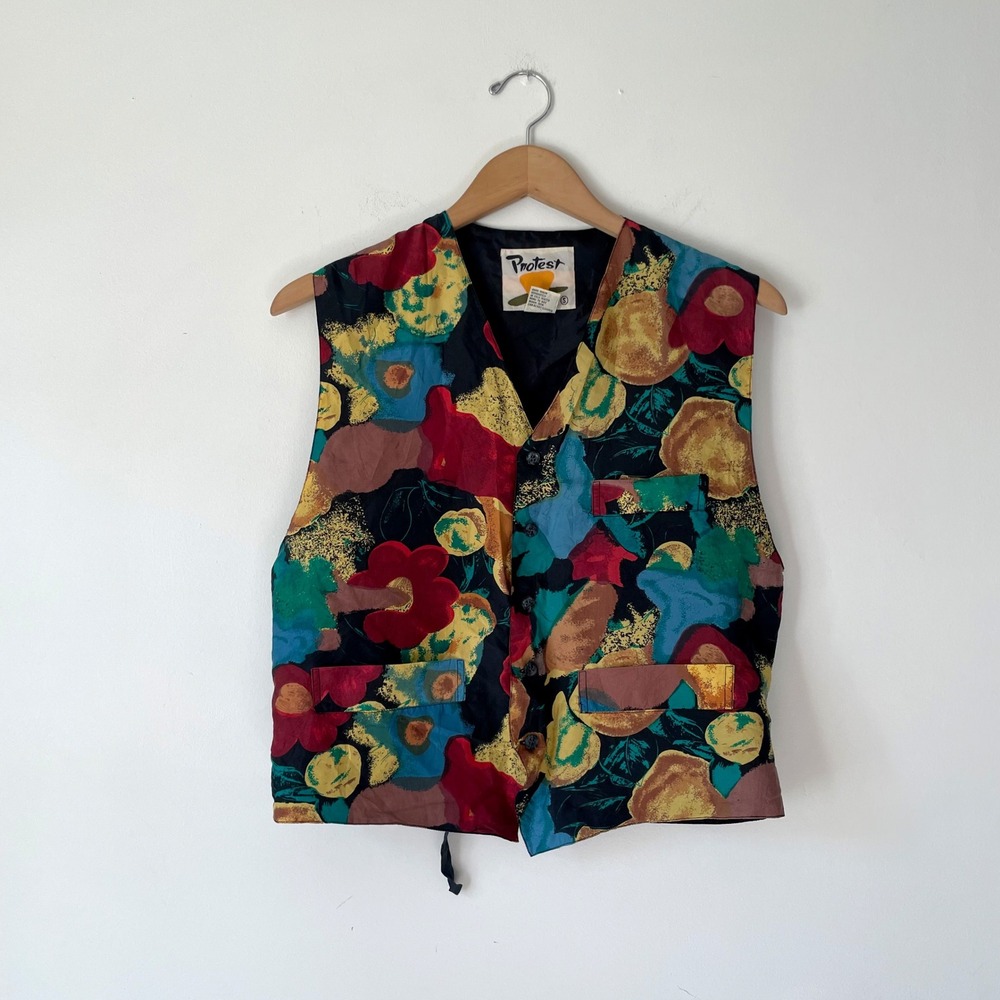Vintage 90s Silk Vest Abstract Floral Small Whimsy Eclectic Funky Dopamine